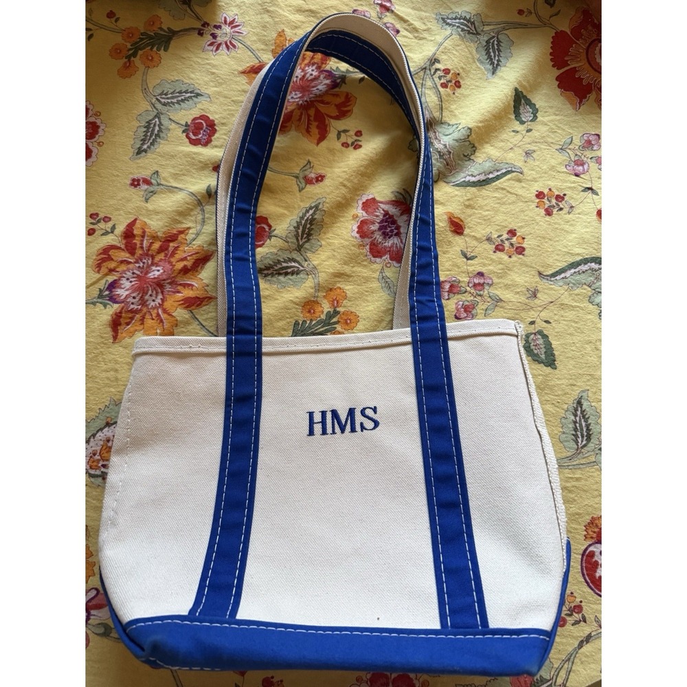 Vintage LL Bean Boat & Tote Bag Small Blue Long Handle Monogram HMS Stiff Canvas